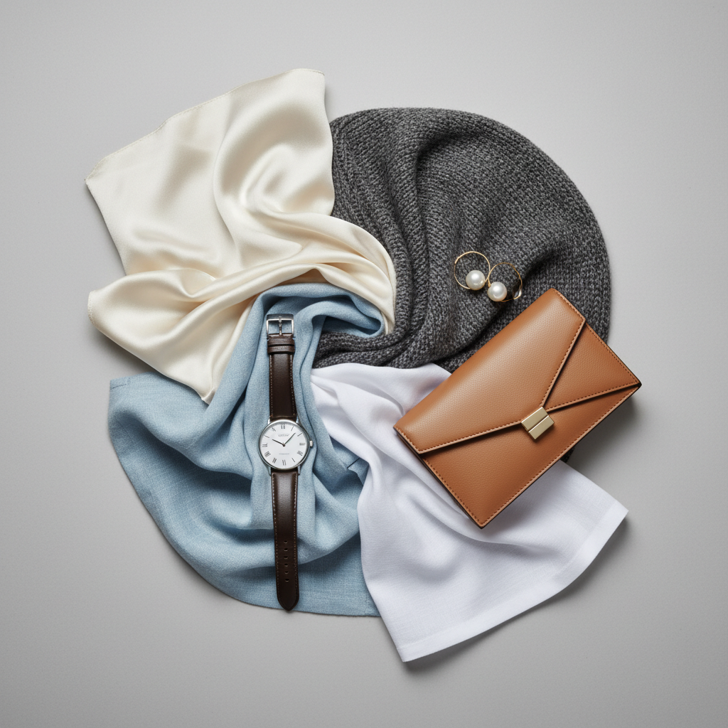 A professional studio photograph capturing an artistic flat lay composition of luxurious fabrics and refined accessories, embodying the 'pillars' of modern elegance. The scene features draped swatches of high-quality materials: a smooth silk, a textured wool, a breathable linen, and crisp high-thread-count cotton. Elegant details include a classic analog watch with a leather strap, a small, impeccably crafted leather clutch, and a pair of delicate, understated pearl or gold earrings. Soft, diffused lighting should highlight the rich textures and premium craftsmanship of each item.