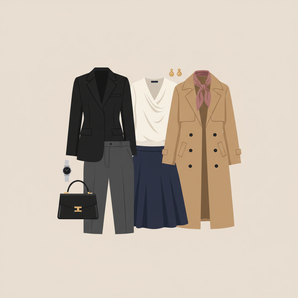 A minimalist flat illustration depicting a modern woman's versatile capsule wardrobe. The image should showcase a carefully curated selection of clothing items like a perfectly tailored blazer, a fluid silk blouse, smart trousers, a classic A-line skirt, and a versatile trench coat. A few elegant accessories such as a structured leather handbag, a sleek watch, and subtle stud earrings should be artfully arranged alongside the garments. The color palette should be sophisticated neutrals (black, white, beige, navy) with a single, tasteful accent color, emphasizing quality, mix-and-match potential, and timeless style.