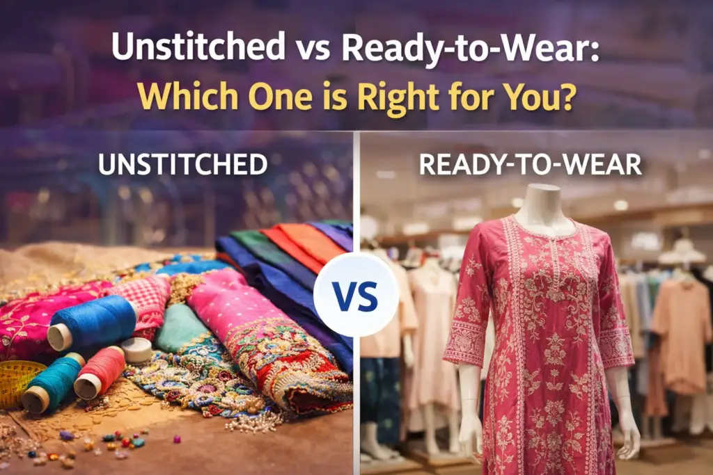 A comparison graphic titled "Unstitched vs Ready-to-Wear" showing colorful fabric rolls with thread spools on the left and a pink patterned tunic on a mannequin on the right.